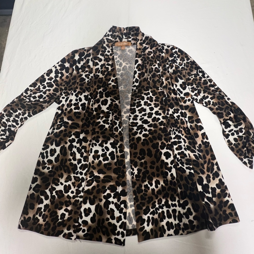ELLEN TRACY WOMEN’S - SMALL POLYESTER ANIMAL PRINT OPEN JACKET RUCHED 3/4 SLEEVE